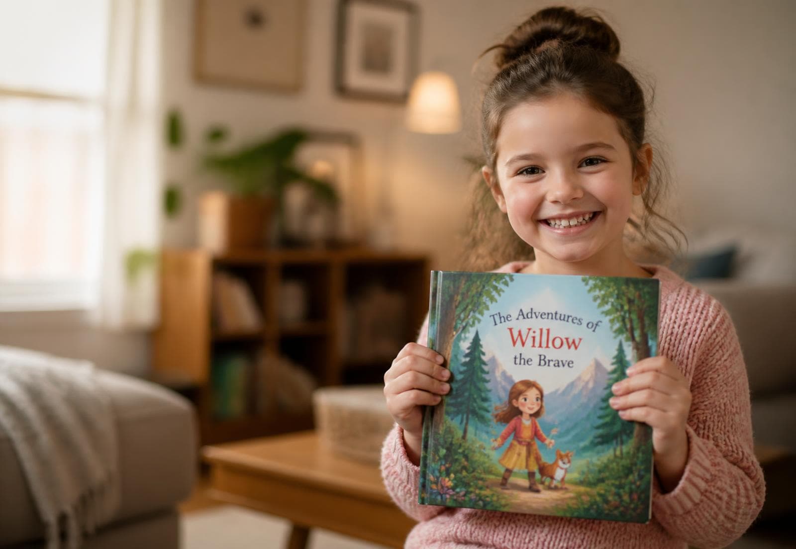 A girl smiling with her personalised illustrated storybook