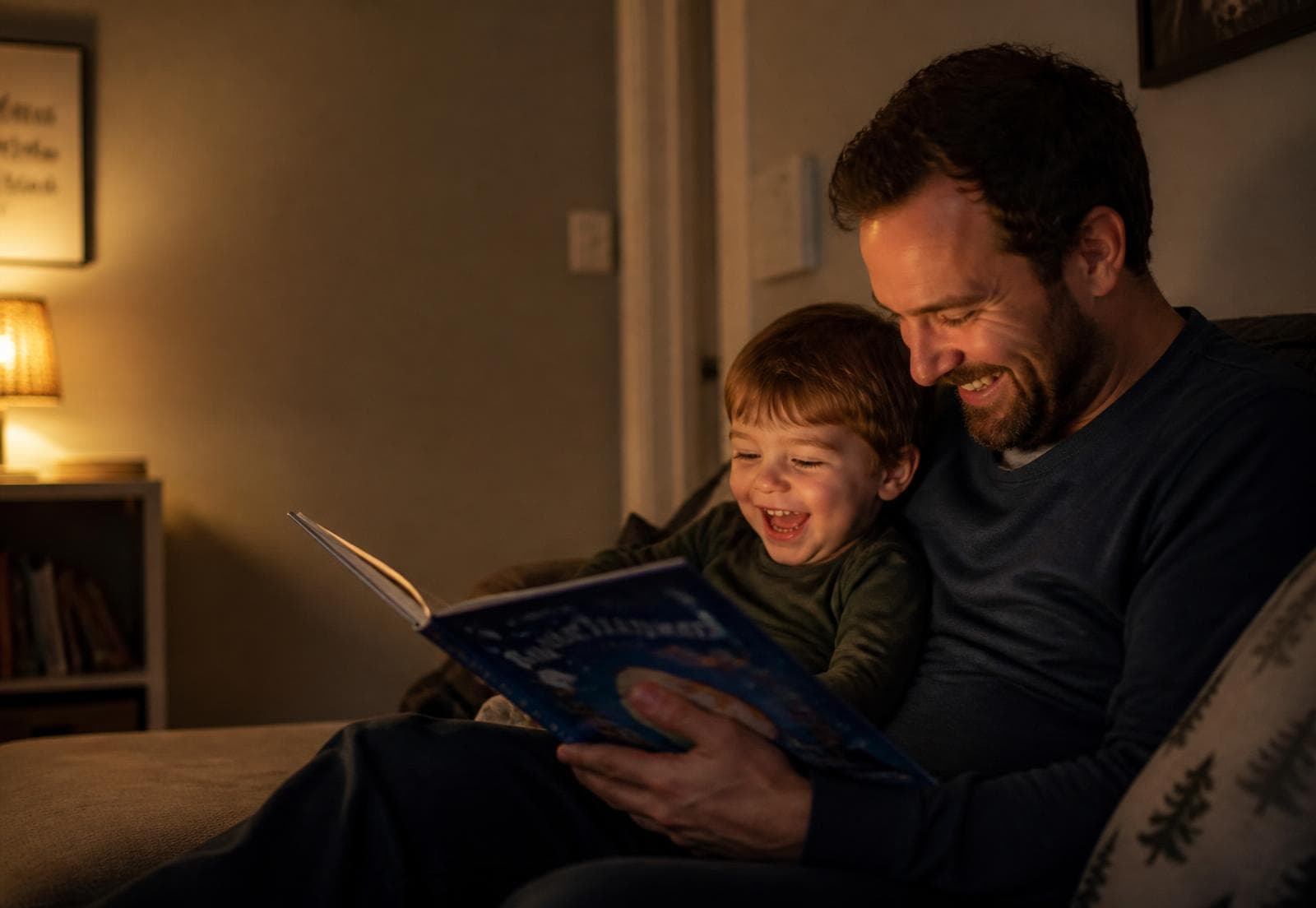 A father and son reading an illustrated storybook together