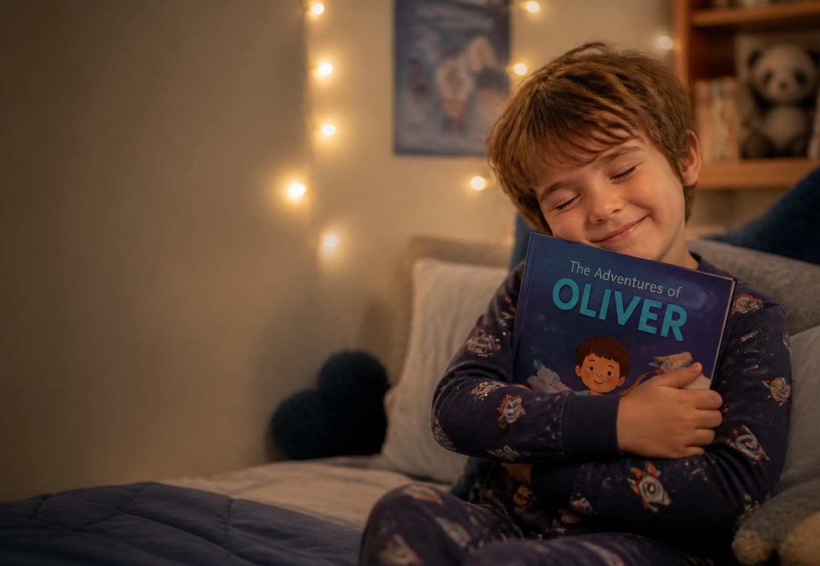 A boy hugging his personalised bedtime storybook