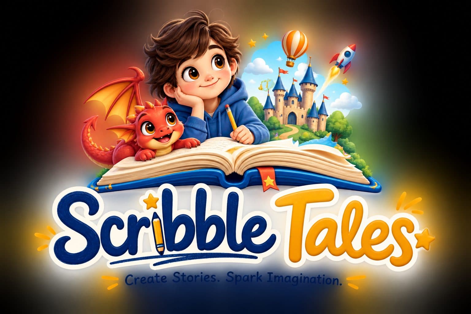 Scribble Tales artwork: a boy and his dragon at an open book of castles and rockets